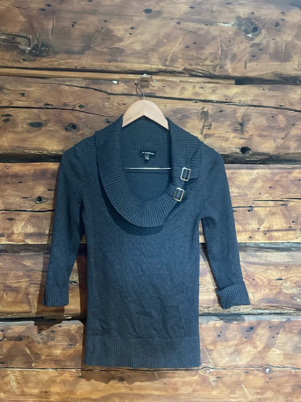 Y2K Grey Buckle Detail Slim Fit Knit Sweater